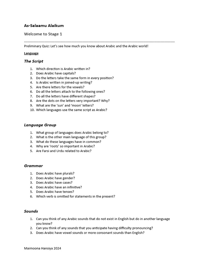 Arabic Preliminary Quiz | PDF | Arabic | English Language