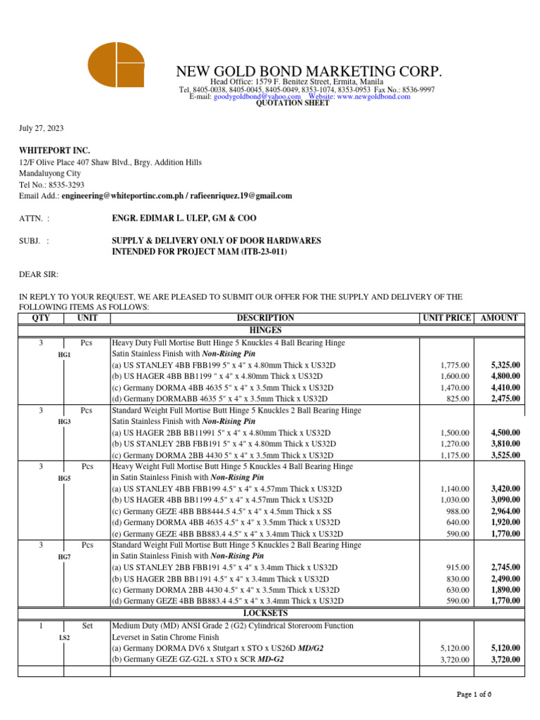 Quotation for Door Hardware Supply | PDF | Door | Manufactured Goods