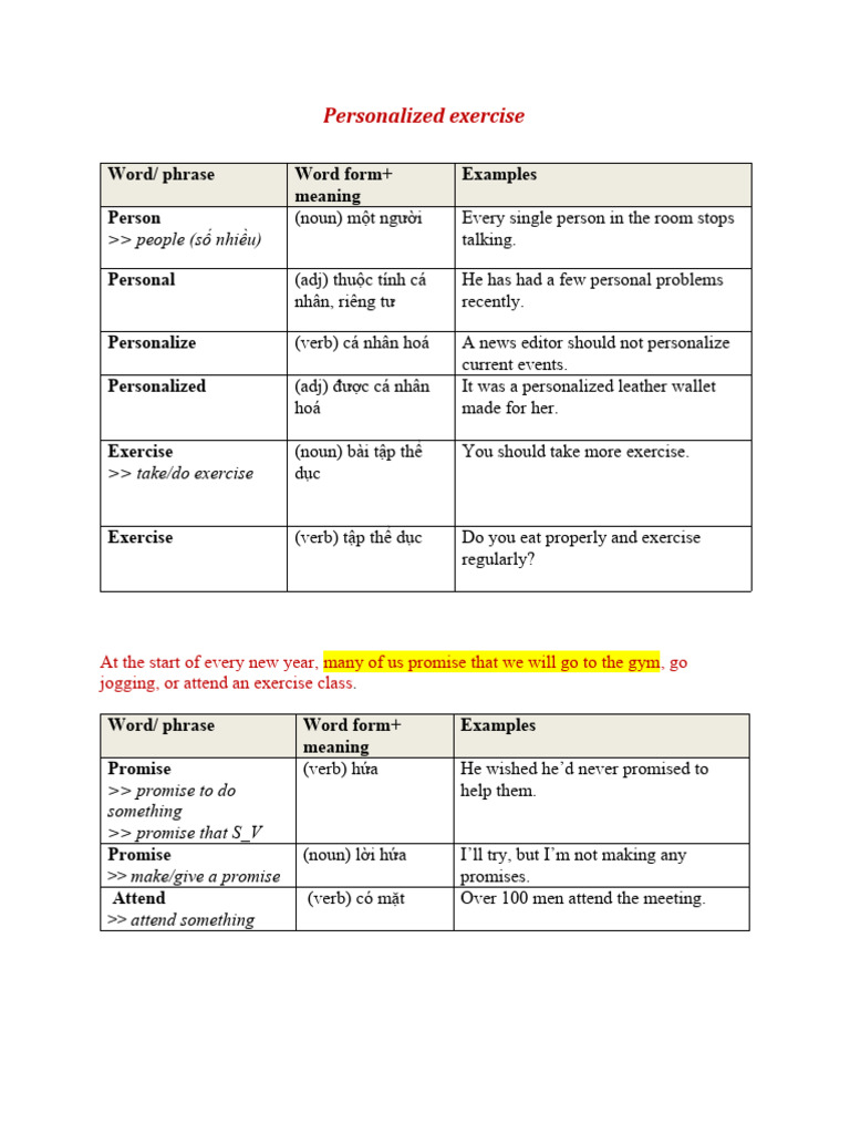 Personalized Exercise Vocabulary Guide Pdf