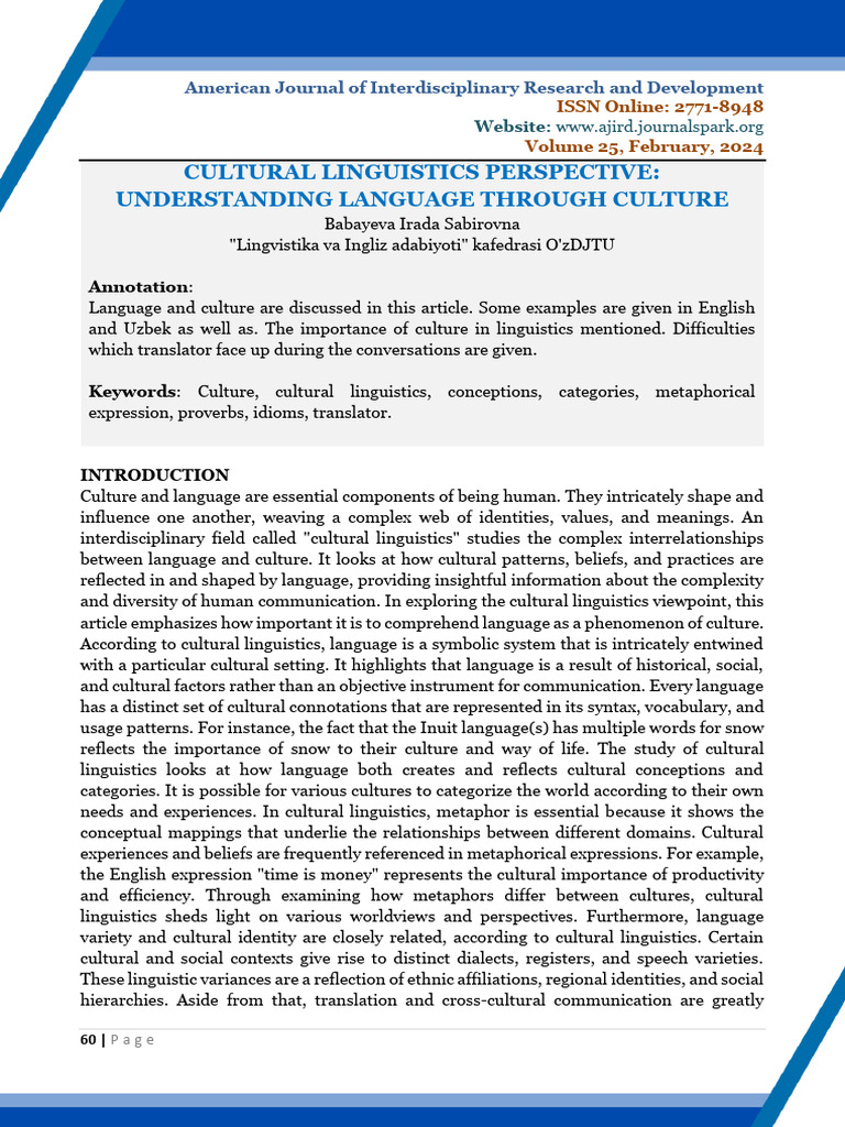 Cultural Linguistics: Language and Culture | PDF