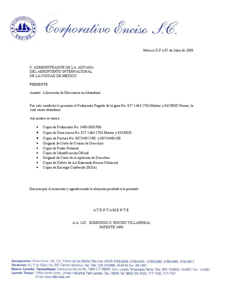 Carta Para La Aduana