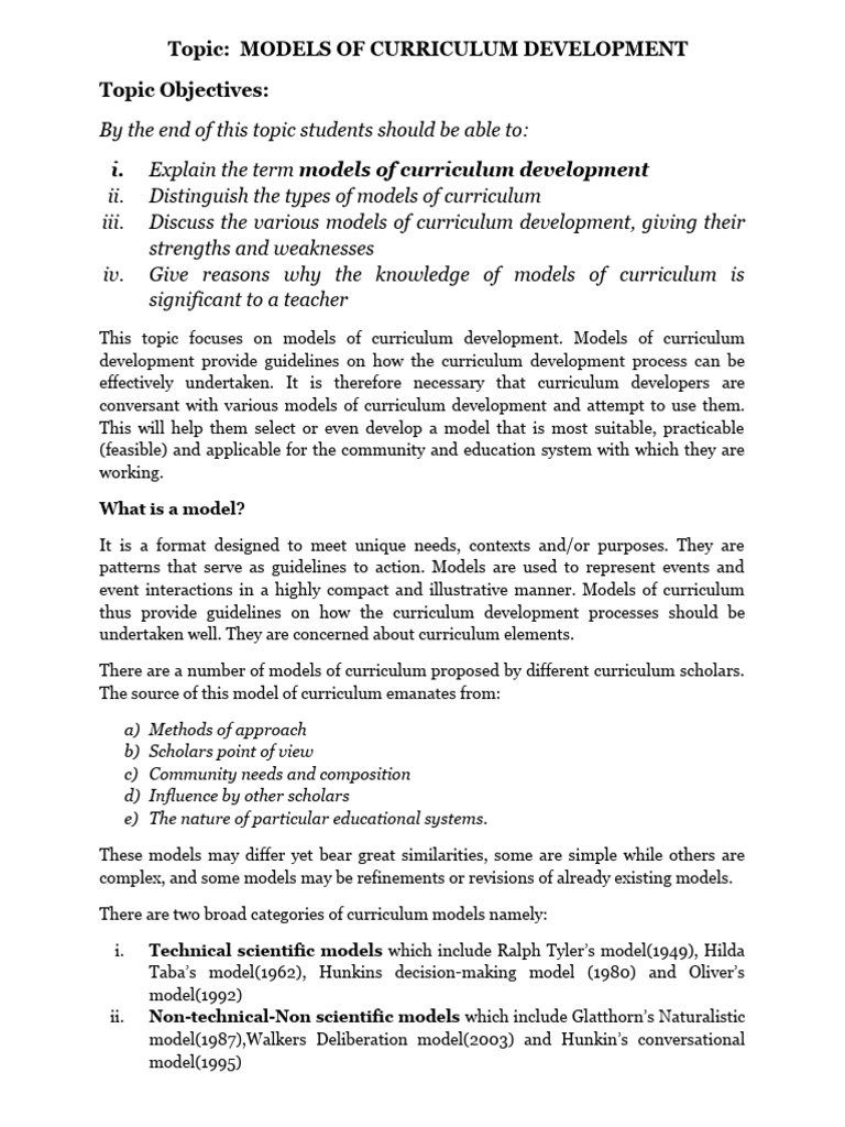 EDCI 211 Models of Curriculum Development | PDF | Curriculum | Learning