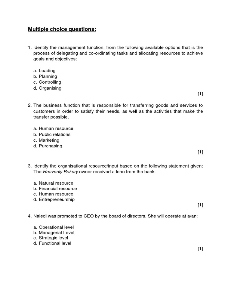 Management Functions and Skills Quiz | PDF | Resource | Marketing