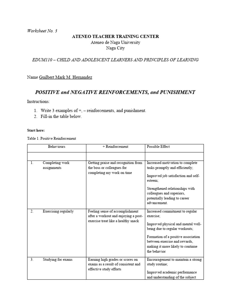 Worksheet No 3 Positive and Negative Reinforcement Hernandez