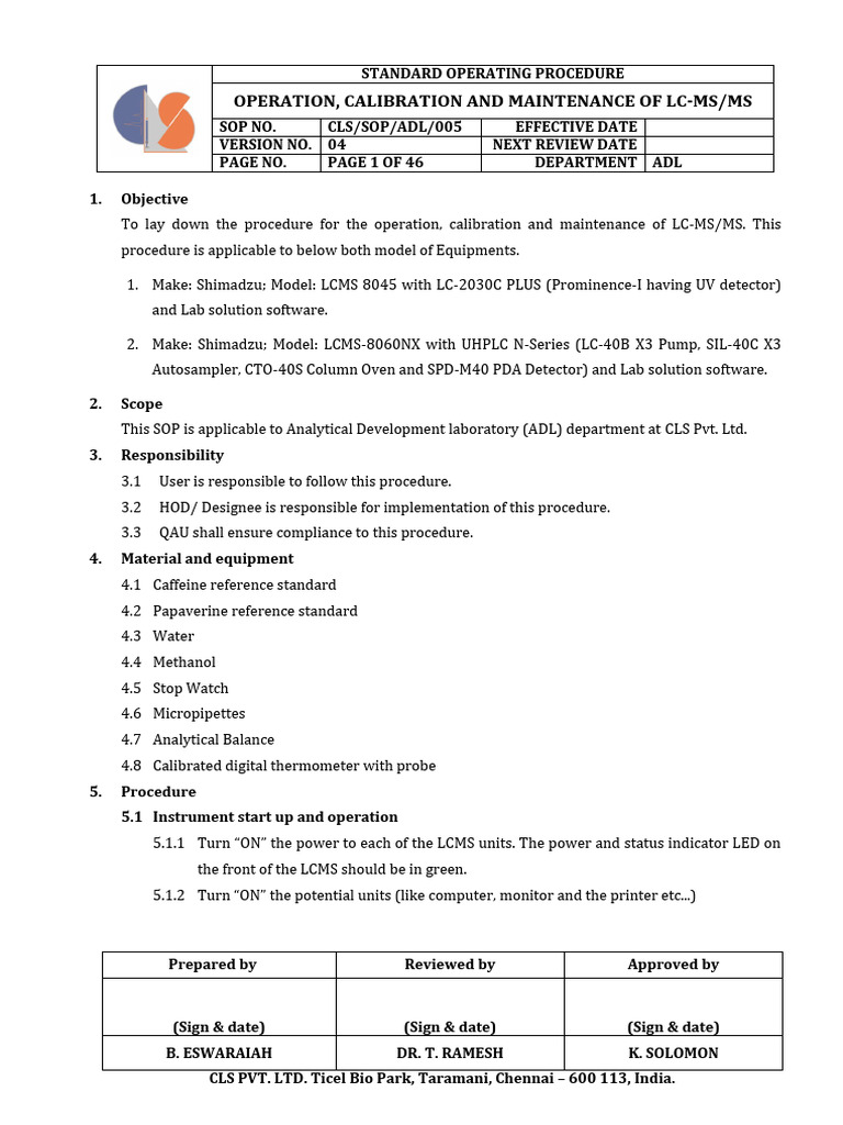 LC-MS/MS Operation and Calibration SOP | PDF | High Performance Liquid ...