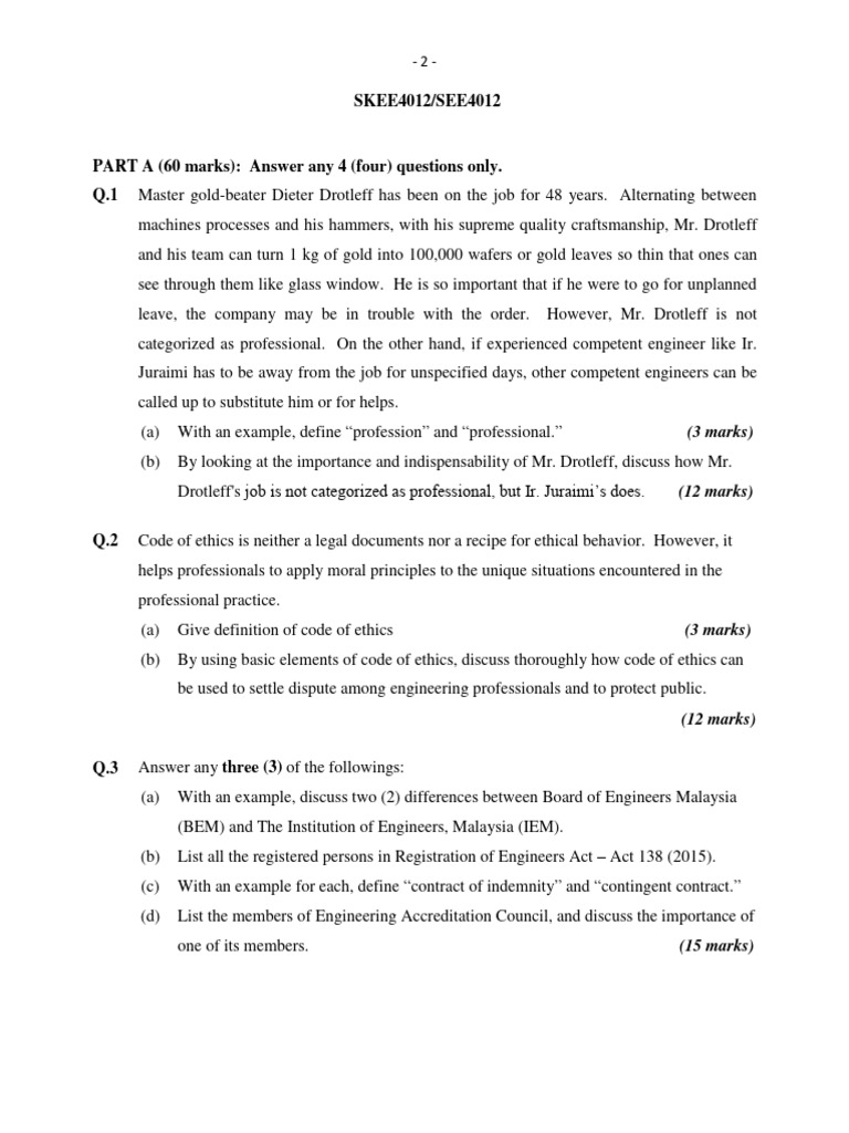 Engineering Ethics and Professionalism Exam | PDF | Engineer | Conflict ...