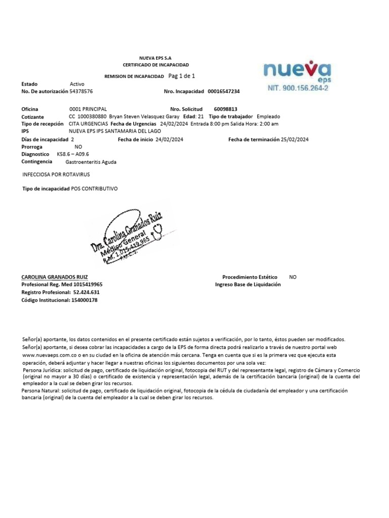 Certificado de Incapacidad Nueva EPS 2024 | PDF