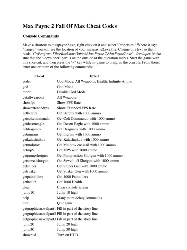 max payne 2 cheat codes pc