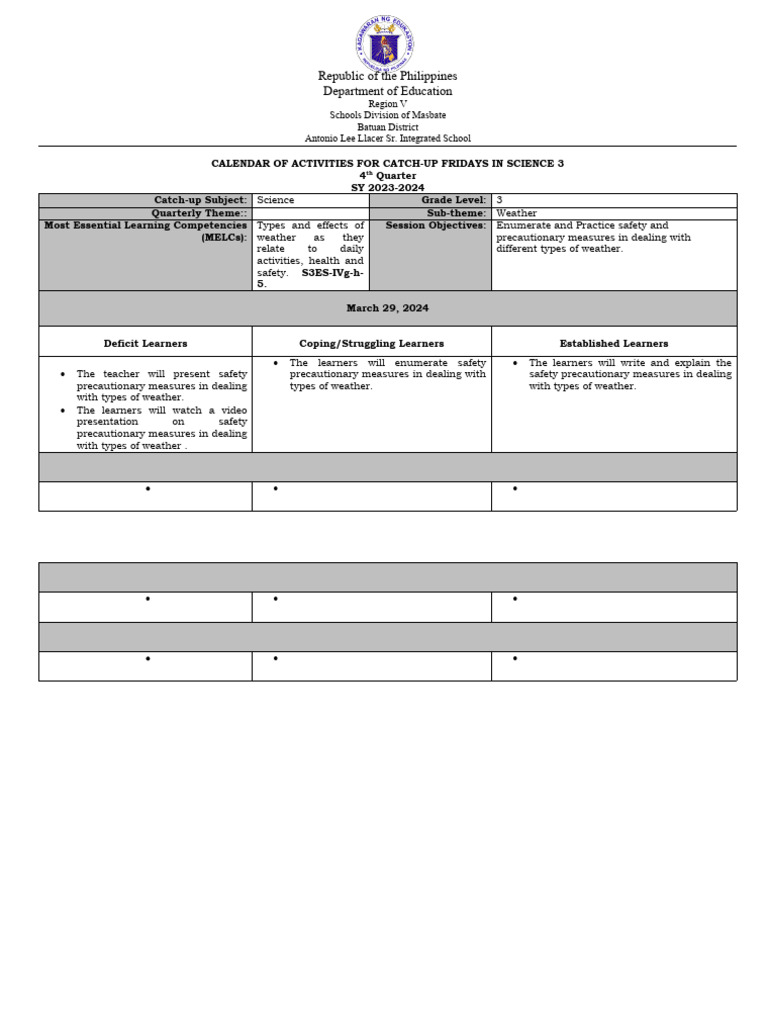 Calendar of activities for catch up fridays 4th quarter pdf