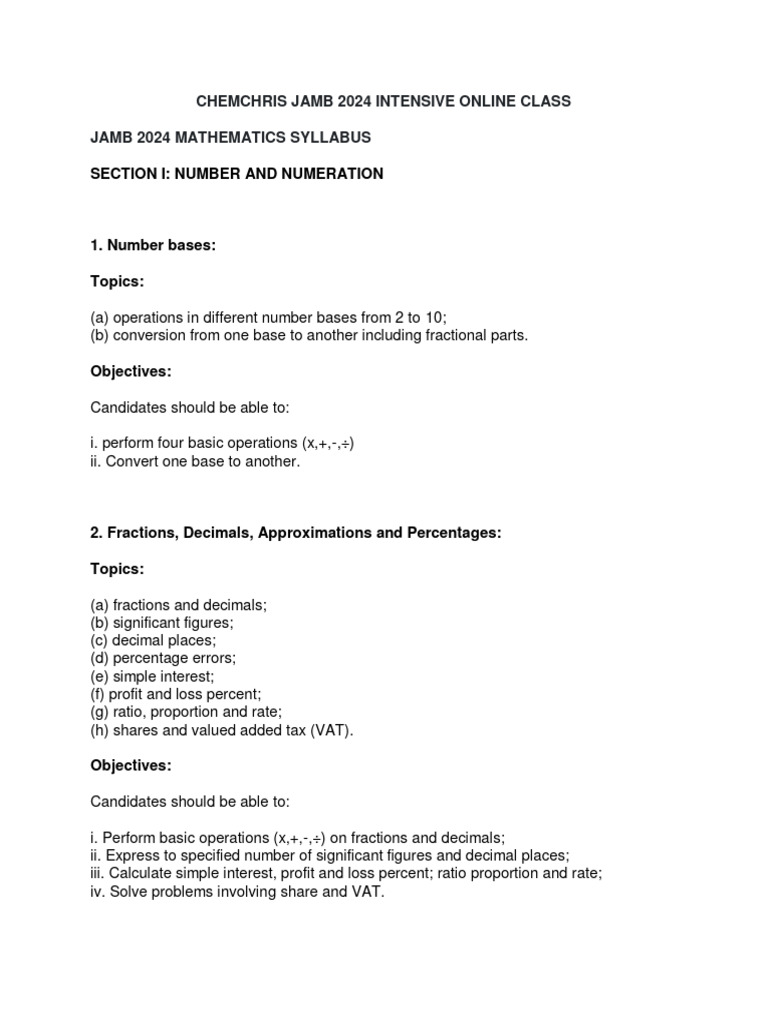 Jamb Maths Syllabus Igcse 2024 Mayjune