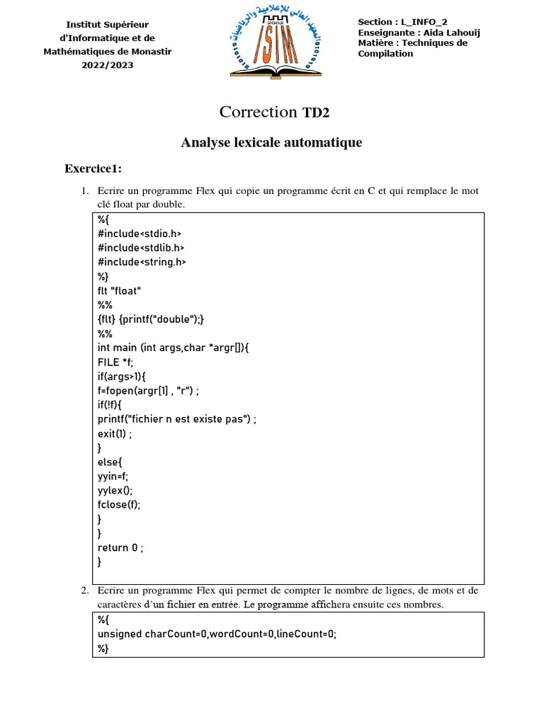 Correction TD2 : Techniques de Compilation | PDF