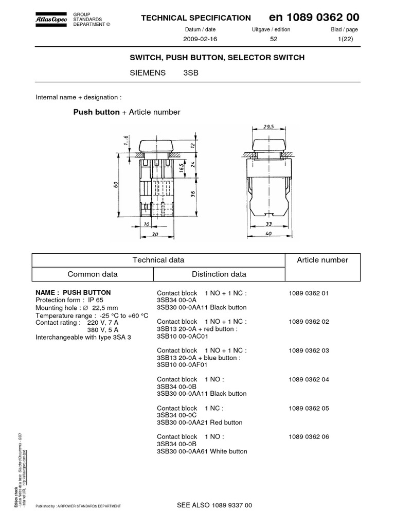 Siemens Push Button Technical Specs | PDF | Data | Switch