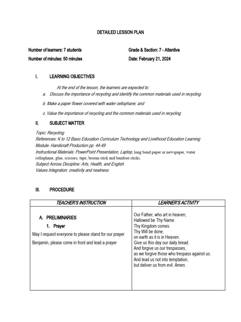 Grade 7 Detailed Lesson Plan on Recycling | PDF | Recycling | Waste