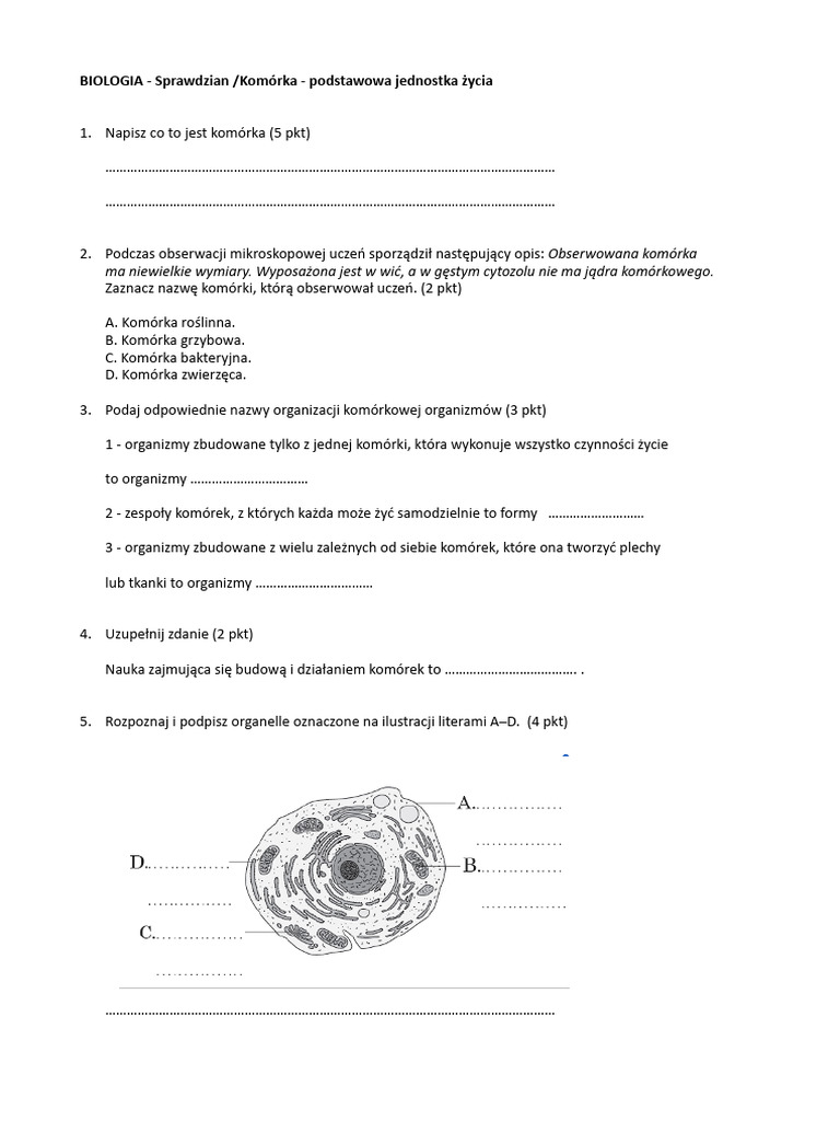 Sprawdzian Biologia Klasa 1 Gimnazjum BIOLOGIA - Sprawdzian: Komórka - Podstawowa Jednostka Życia | PDF