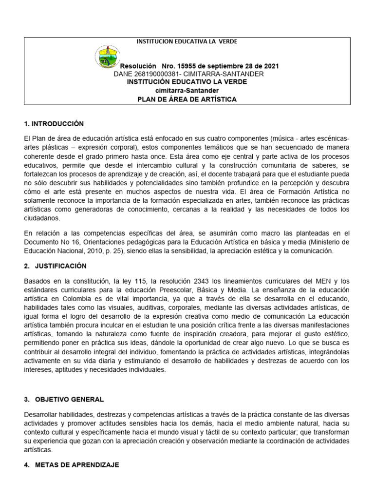 Plan de Área de Artistica | PDF | Educación en artes visuales | Dibujo