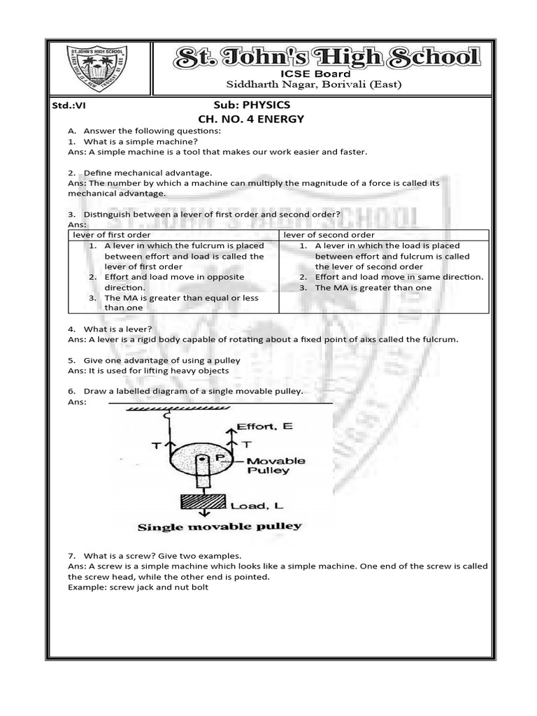 Phy Ch 4 Notes Pdf Lever Machines