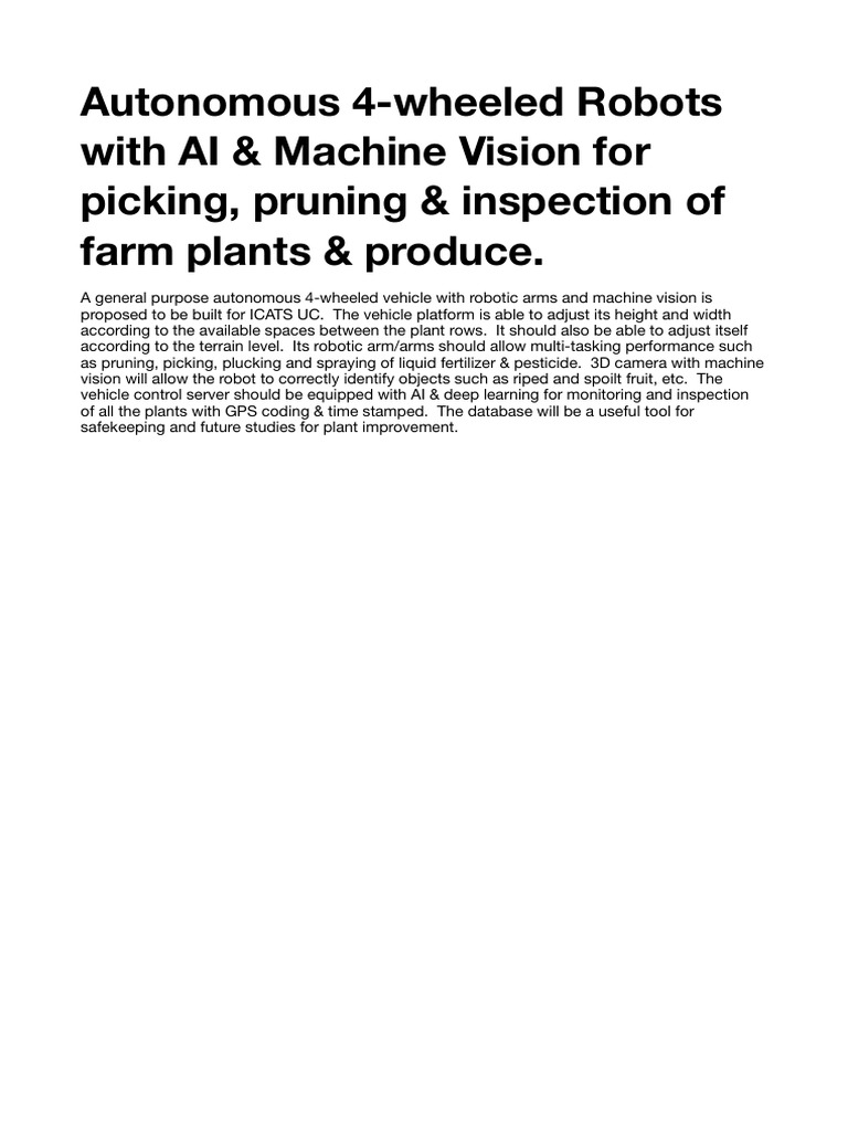 Autonomous 4 Wheeled Robots With Ai Machine Vision For Picking Pruning