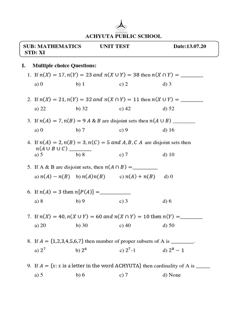 Set Theory Questions for XI Students | PDF | Mathematical Objects ...