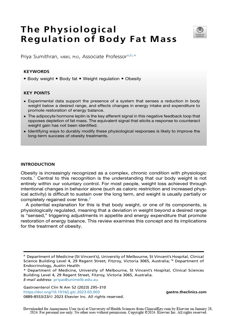 The Physiological Regulation of Body Fat Mass (Sumithran, 2023) | PDF ...