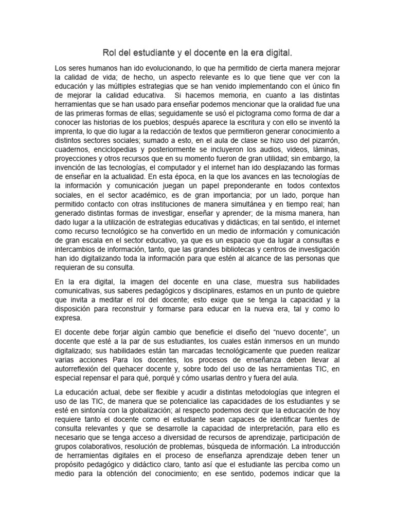 Rol del docente y estudiante en la educación digital | PDF | Enseñando ...