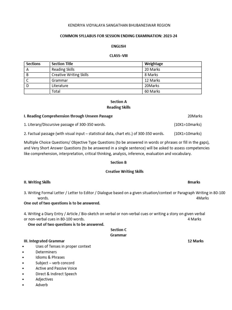Syllabus-VIII English Session Ending Exam | PDF | Reading Comprehension ...
