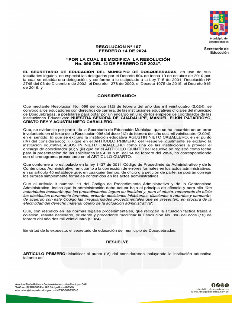 Resolucion 107 Del 2024 Modificatoria de La Resolucion 096 Del 2024 ...