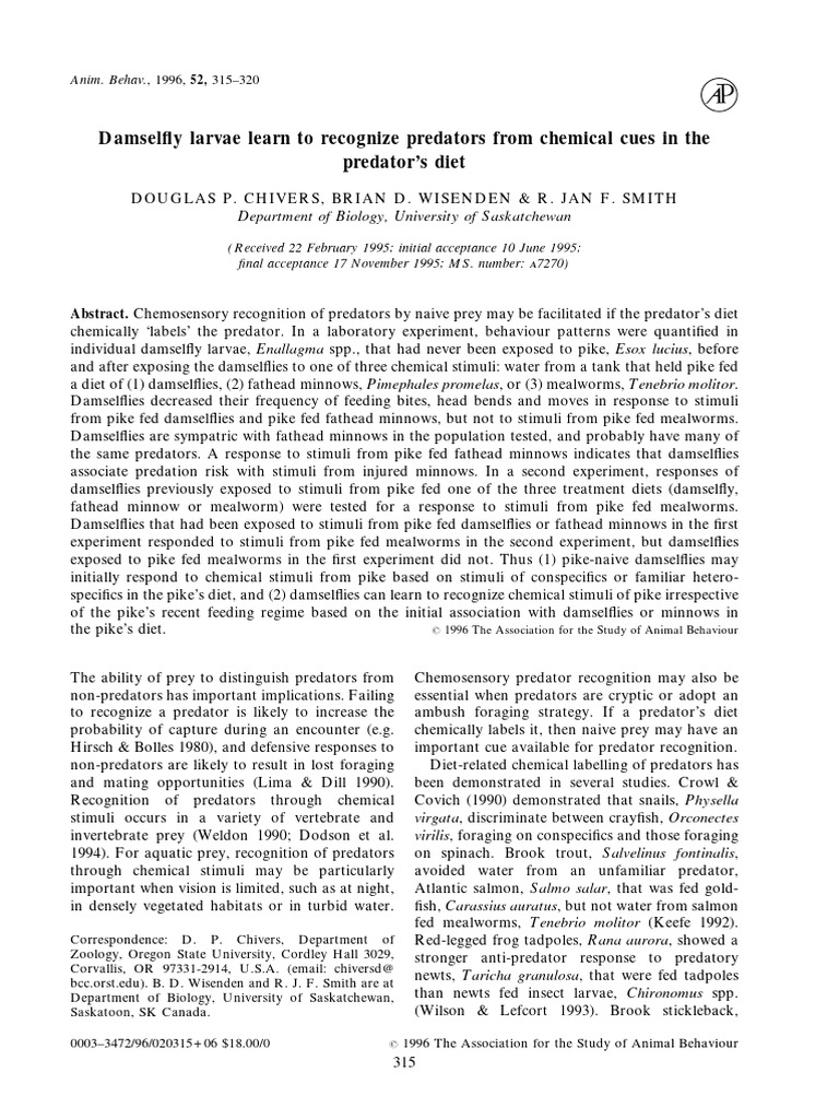 Damselfly Larvae Learn To Recognize Predators From Chemical Cues in The ...