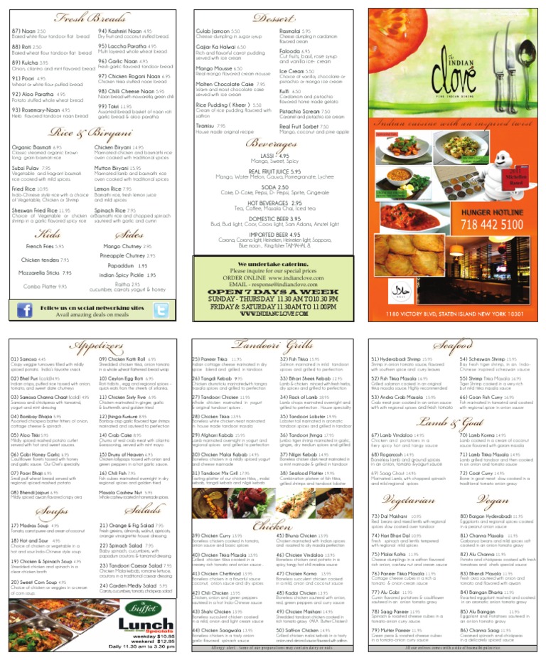 The Indian Clove Menu An Extensive Listing of Appetizers, Entrees