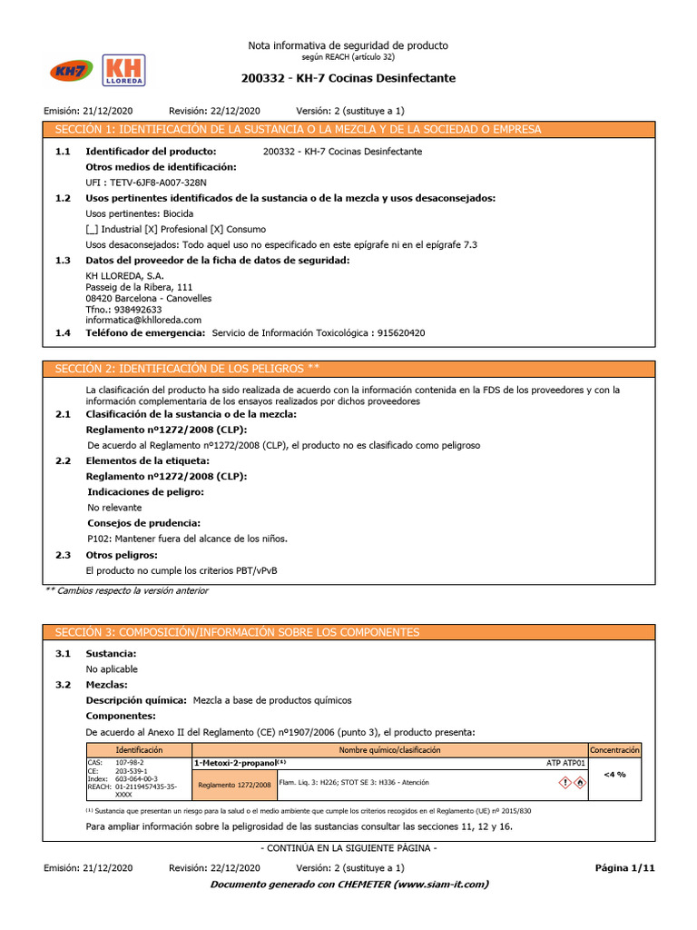 KH-7 Cocinas Desinfectante: Seguridad y Uso | PDF