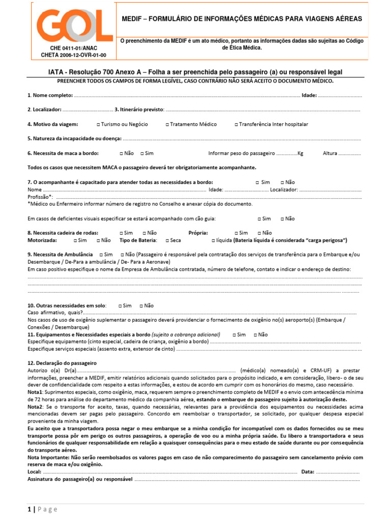 Formulário MEDIF para Viagens Aéreas | PDF | Psiquiatria | Oxigênio