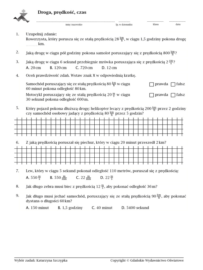 Prędkość Droga Czas Sprawdzian Kl 6 Matematyka Z Plusem Droga, Prędkość, Czas - Karta Pracy | PDF