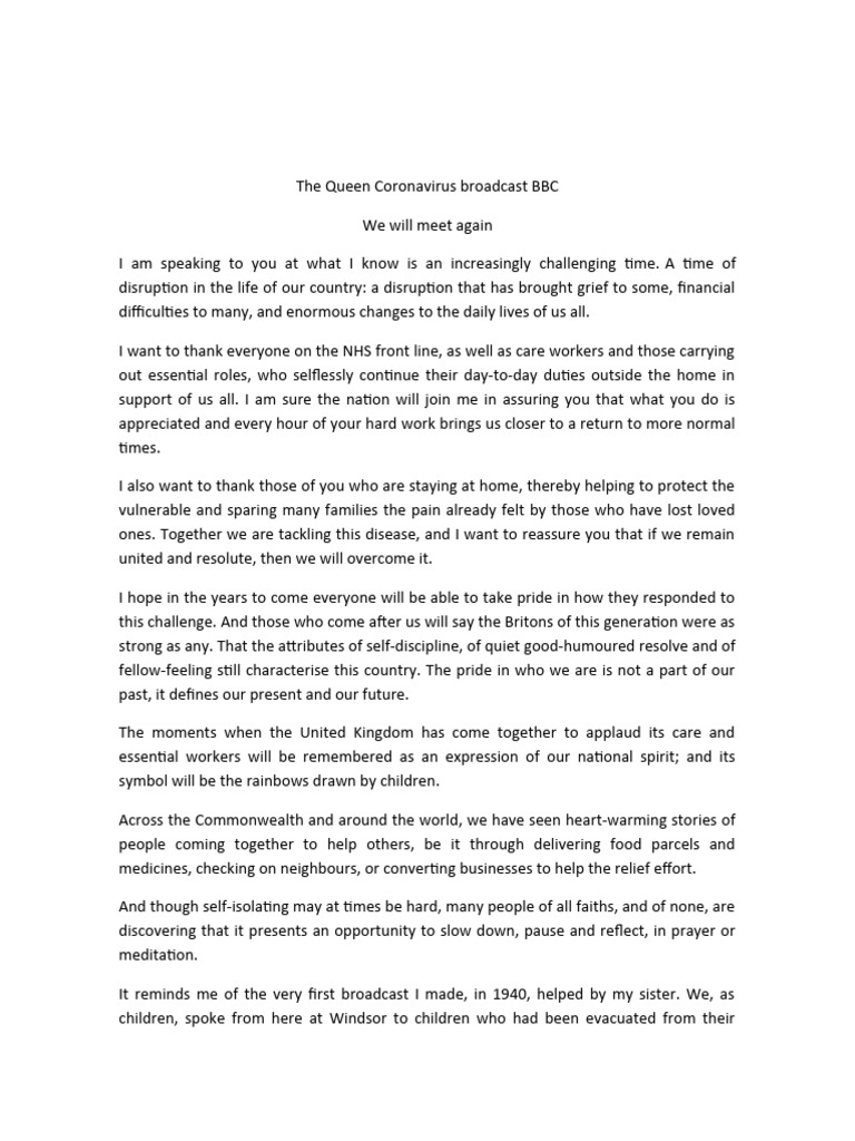 The Queen Coronavirus Broadcast BBC - TRANSCRIPT | PDF