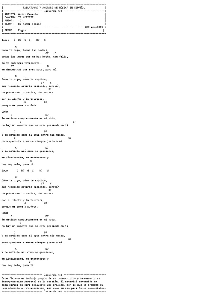 Acordes 'Te Metiste' Ariel Camacho PDF