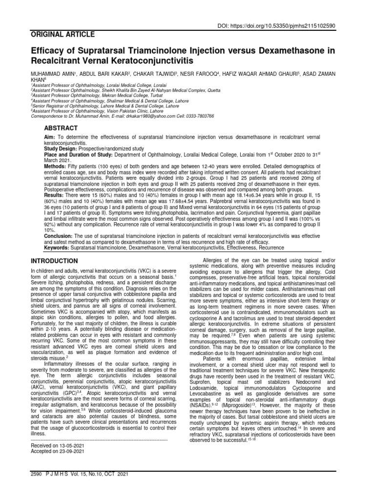Efficacy of Supratarsal Triamcinolone Injection Versus Dexamethasone in ...