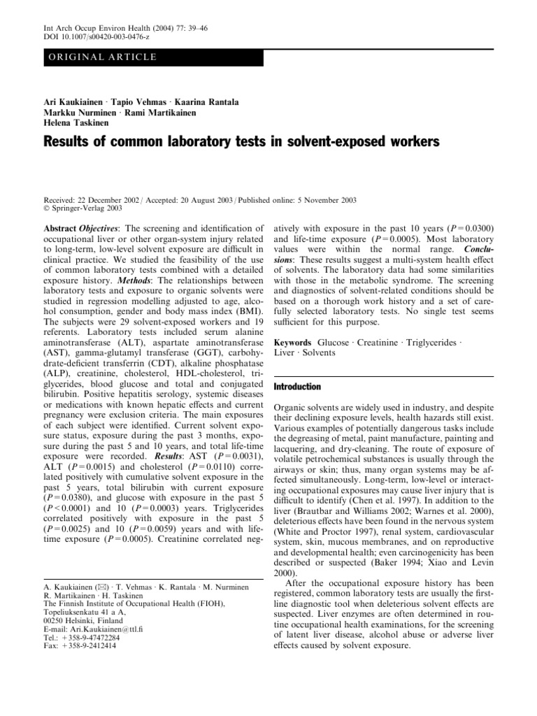 Results of Common Laboratory Tests in Solvent-Exposed Workers | PDF