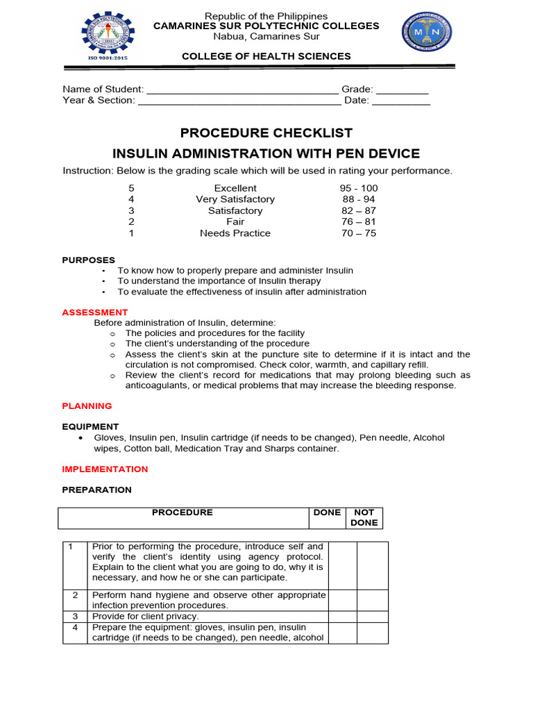 Insulin Administration Procedure Checklist | PDF | Medical Treatments ...