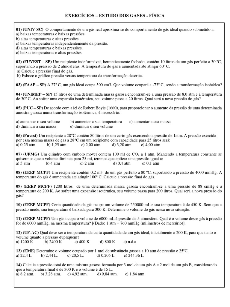 Exercícios Resolvidos: Estudo dos Gases | PDF | Gases | Pressão