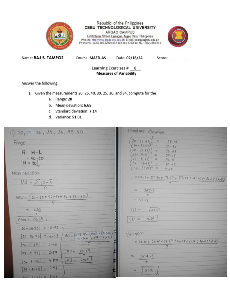 Learning Exercise 8 Measures Of Variability Rev2024 Tampos Raj Pdf
