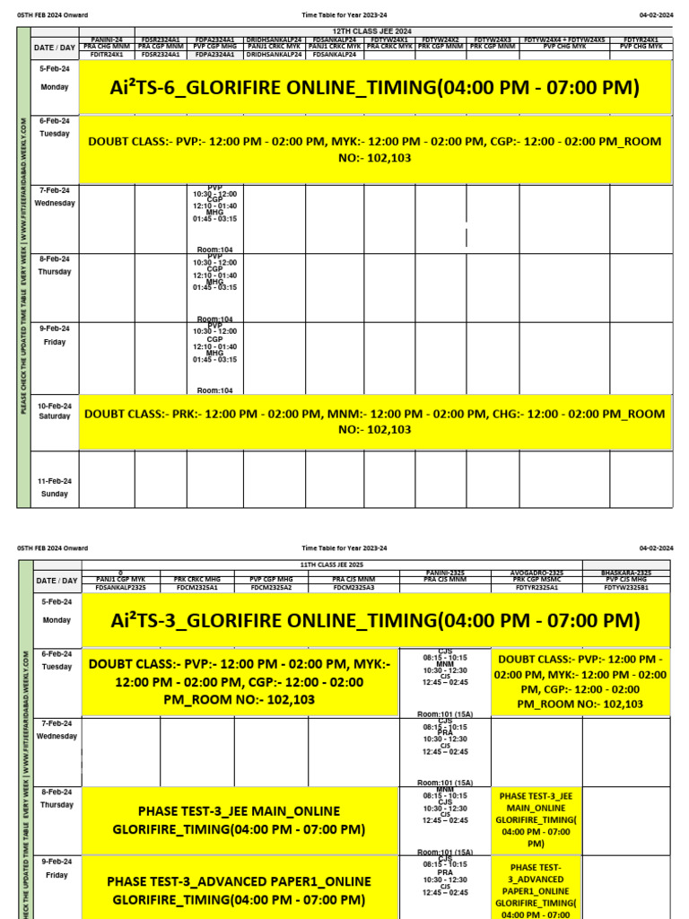 2024 JEE Time Table and Classes | PDF