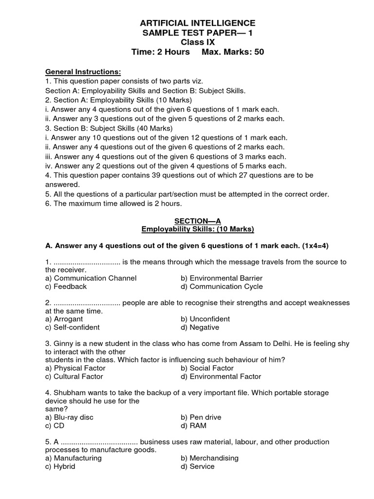 IX ARTIFICIAL INTELLIGENCE Sample Paper PDF Artificial