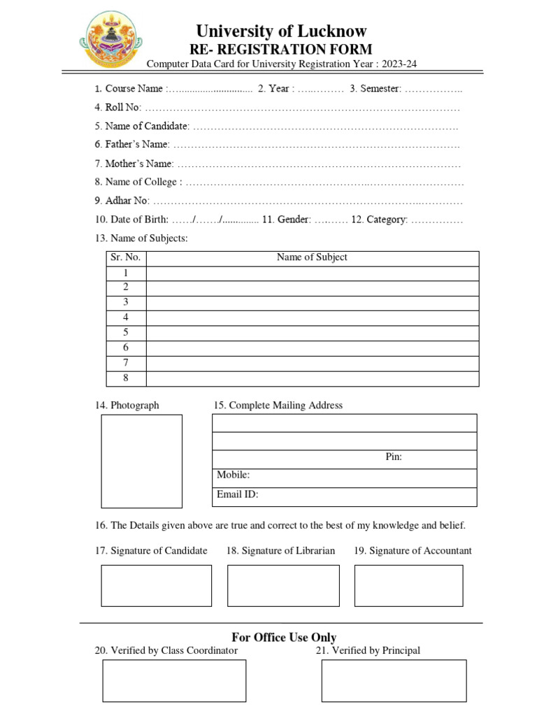 LU Re Registration Form 2023 24 PDF