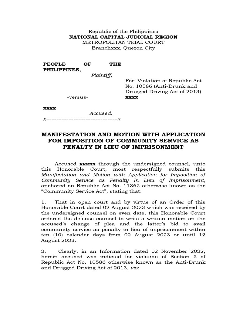 Manifestation and Motion With Application For Community Service | PDF