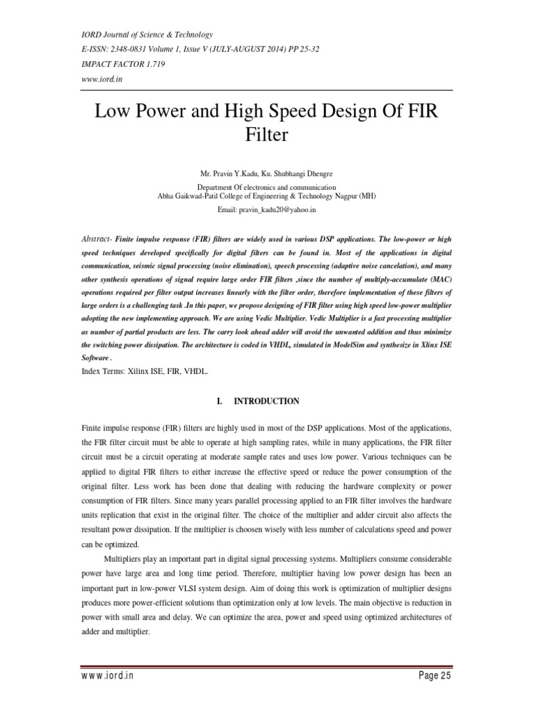 Low Power and High Speed Design of FIR Filter | PDF | Computer ...