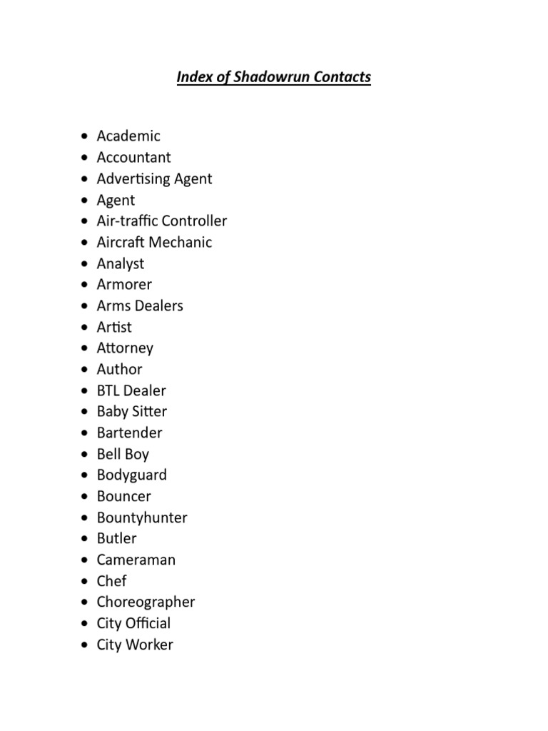 Index Of Shadowrun Contacts Pdf National Security Crimes