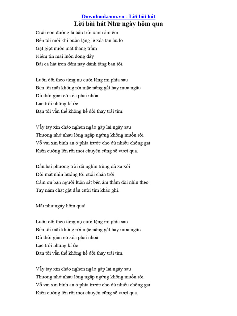 Loi Bai Hat Nhu Ngay Hom Qua | PDF