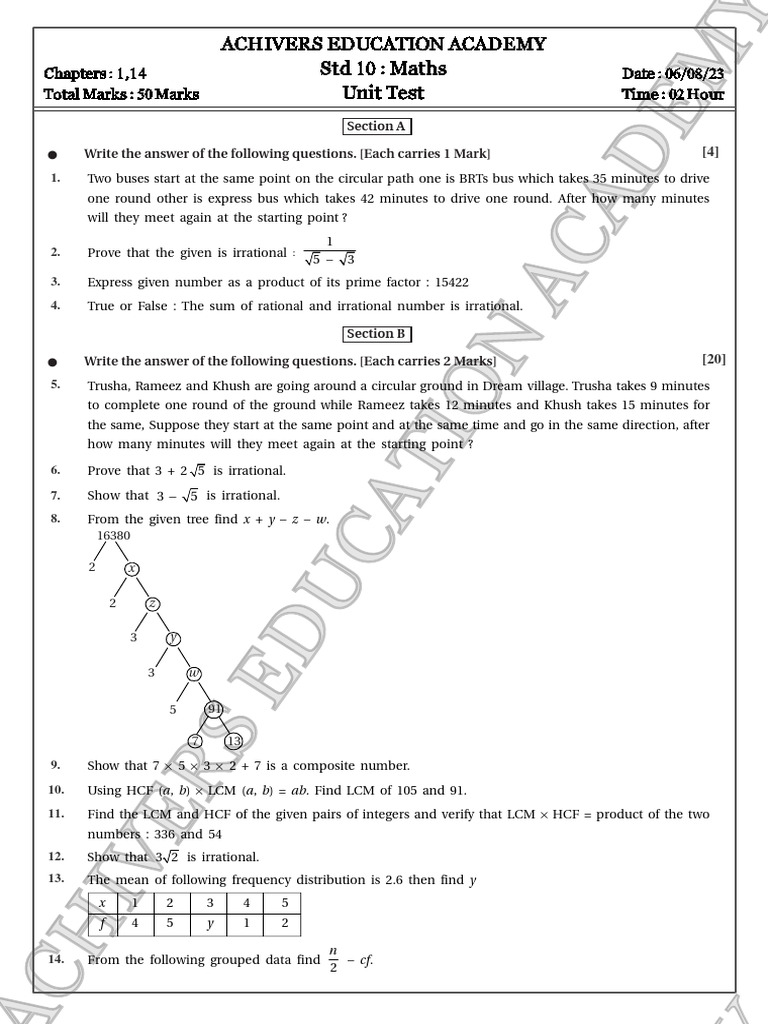 Grade 10 Maths Unit Test | PDF