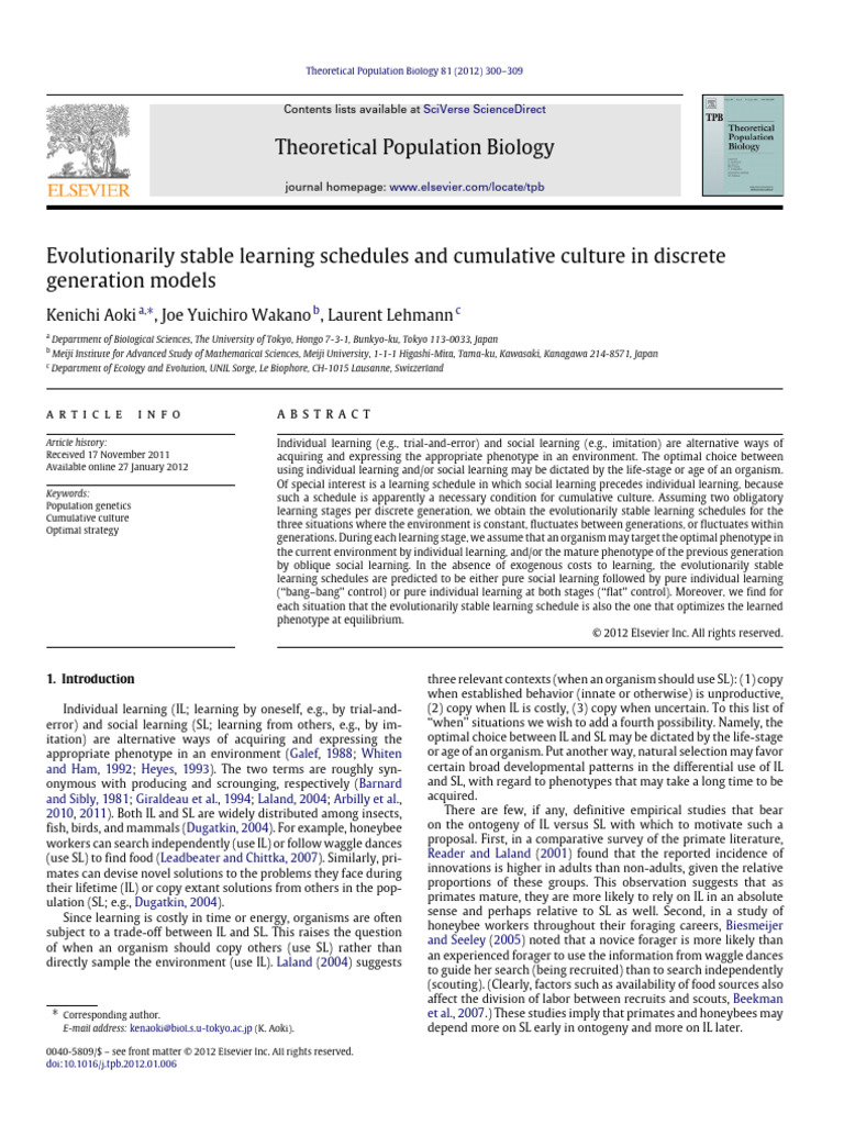 Aoki wakano lehmann 2012 evolutionarily stable learning