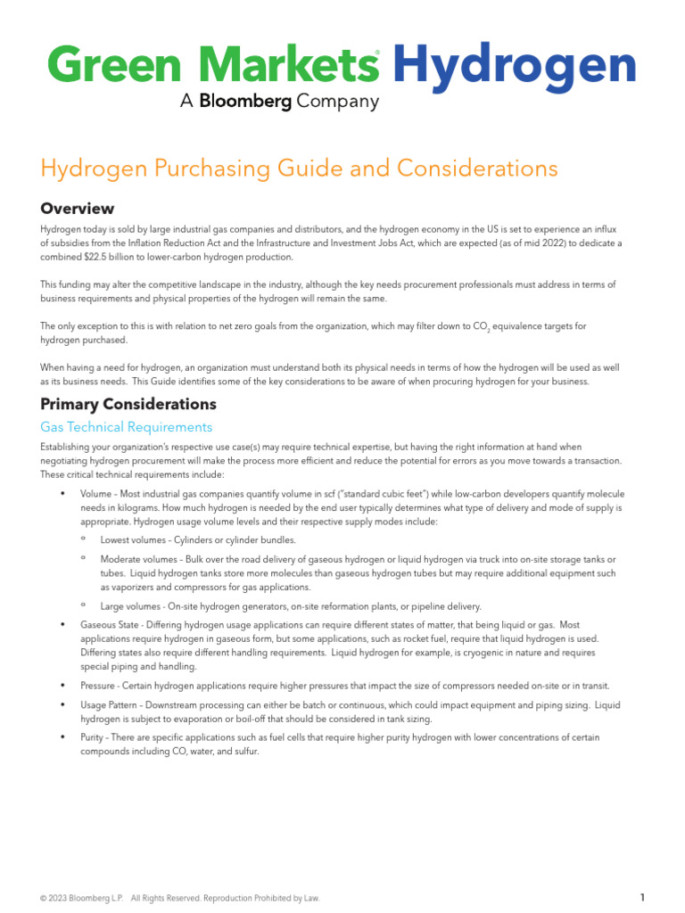 Hydrogen Purchasing Guide, Considerations by Green Markets | PDF ...