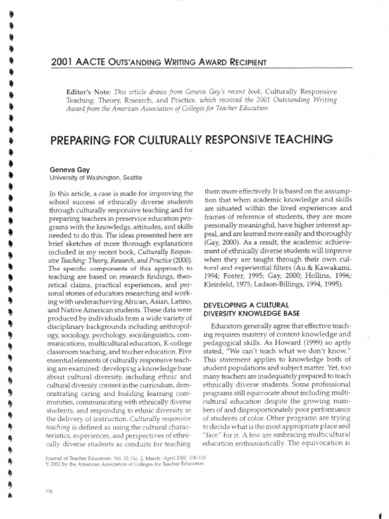 Culturally Responsive Teaching Geneva Gay | PDF