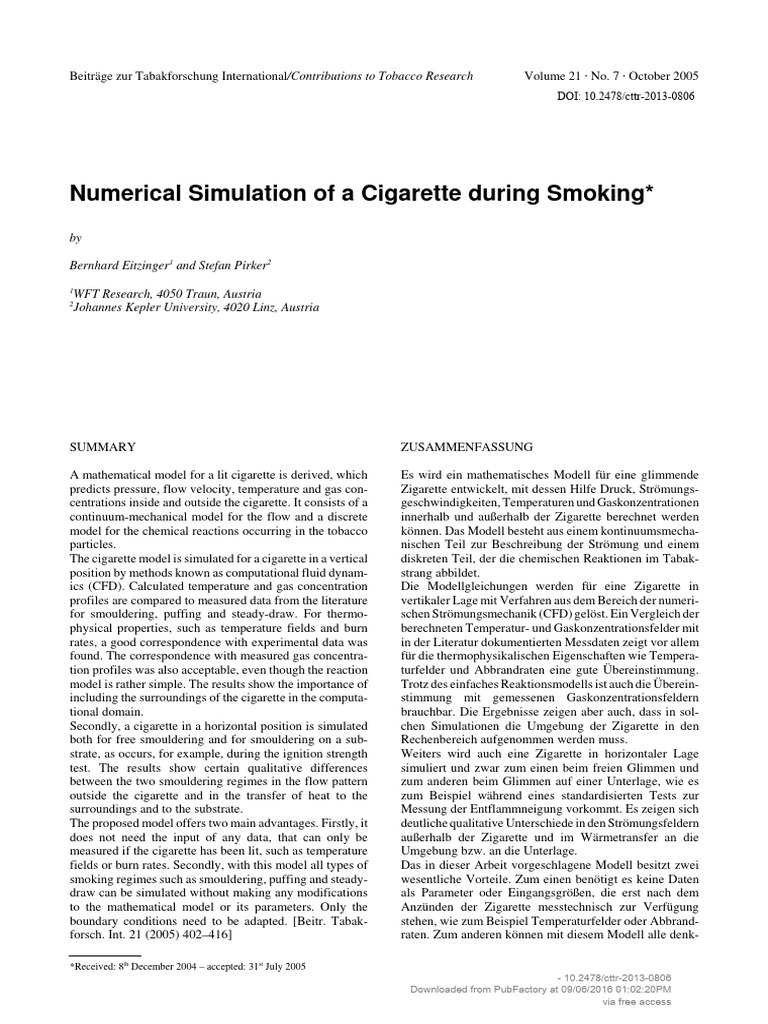 Numerical Simulation of A Cigarette During Smoking | PDF